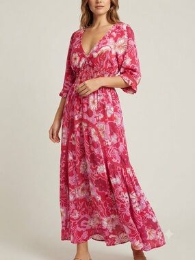Free People Dixie Smocked Floral Maxi Dress Pink Ruby Combo Size Medium